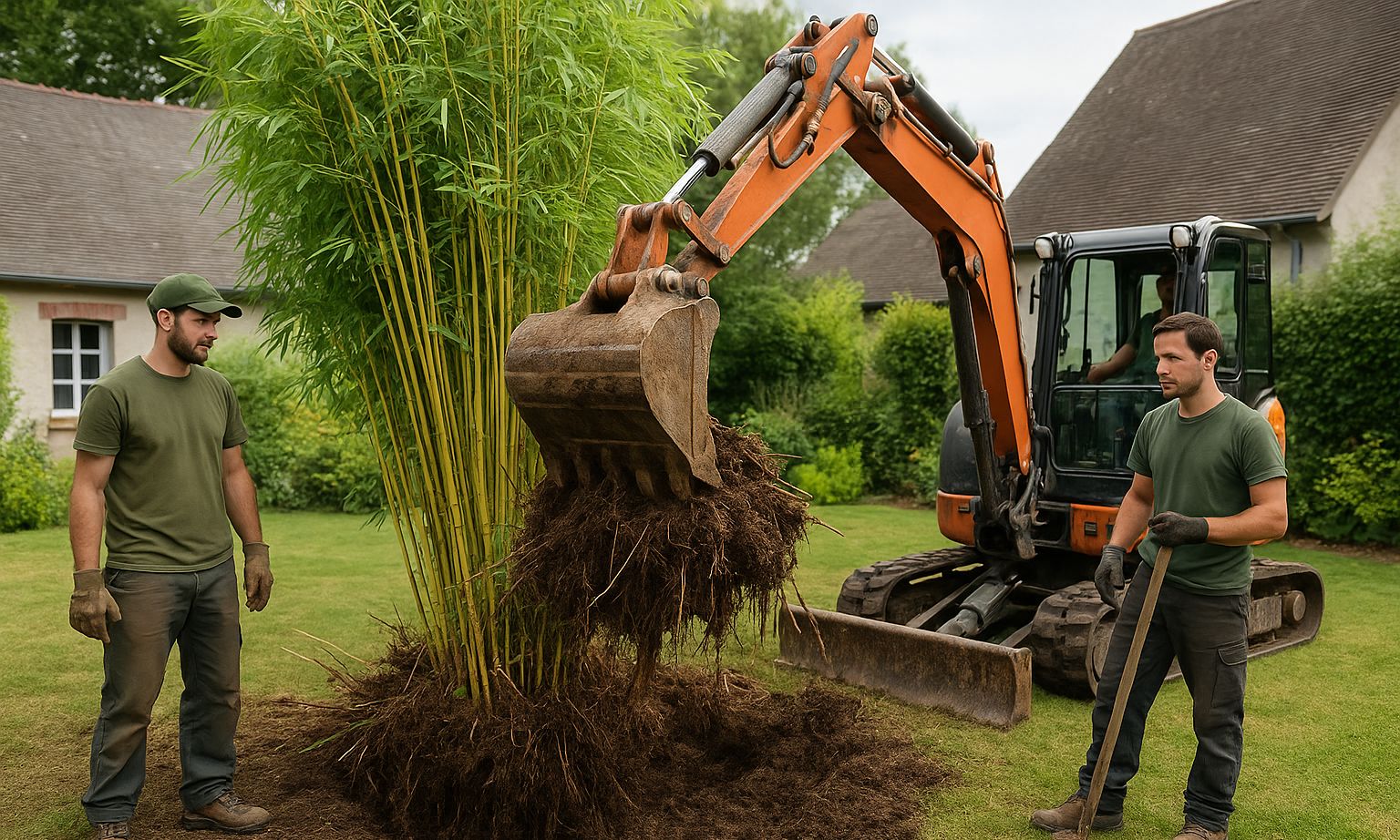 Extraction des rhizomes de bambou (illustration)