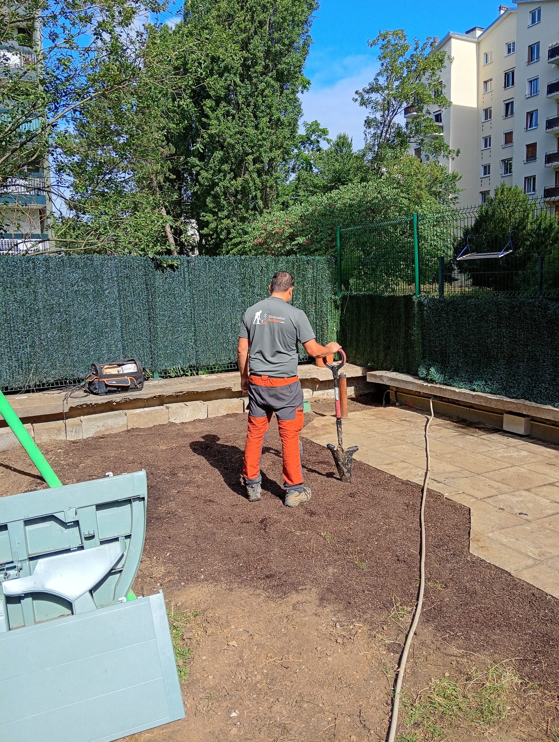 Fin de chantier après extraction des rhizomes de bambou envahissant en copropriété à Boulogne-Billancourt.